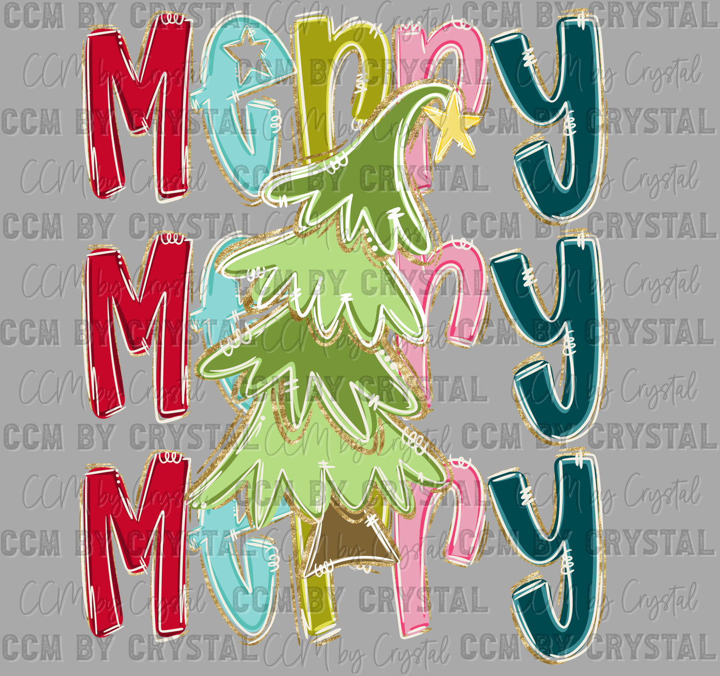 Merry Merry Merry Christmas Tree Faux Glitter Ready to Press Transfer DTF Transfer Sublimation Transfer