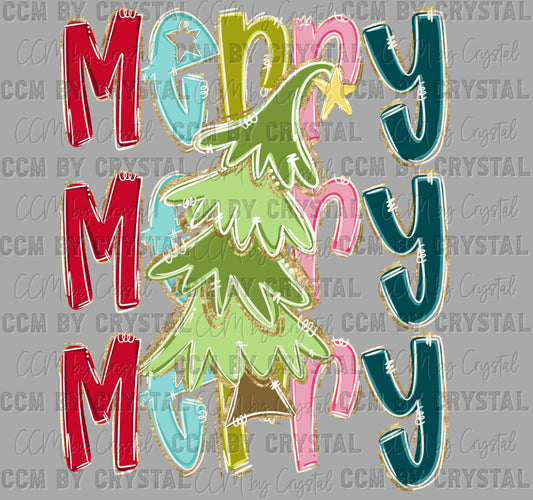Merry Merry Merry Christmas Tree Faux Glitter Ready to Press Transfer DTF Transfer Sublimation Transfer