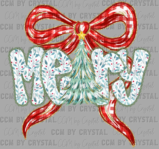 Merry Christmas Tree Faux Glitter Bow Ready to Press Transfer DTF Transfer Sublimation Transfer