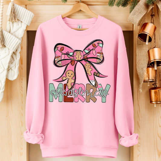 Merry Christmas Bow Pink Lights Gingerbread Ready to Press Transfer DTF Transfer Sublimation Transfer