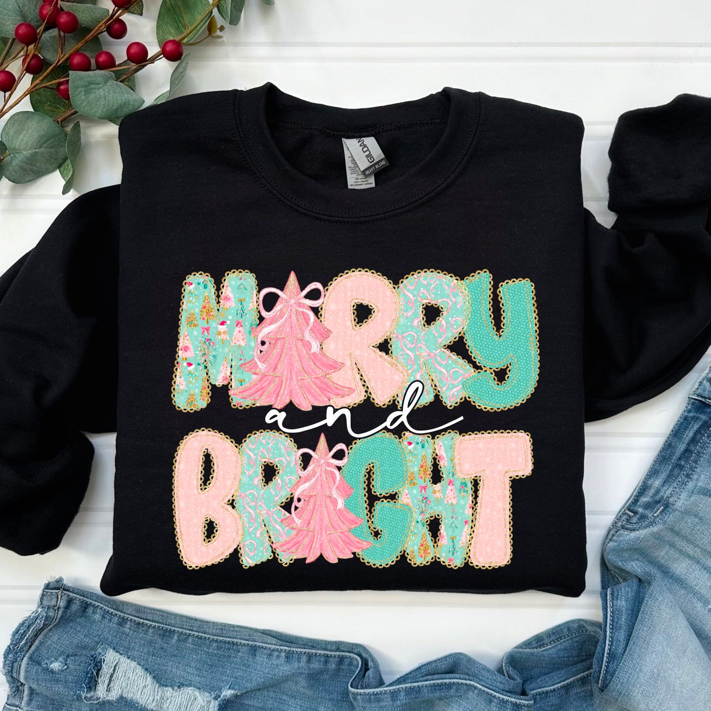 Merry and Bright Pink Bow Christmas Tree Ready to Press Transfer DTF Transfer Sublimation Transfer
