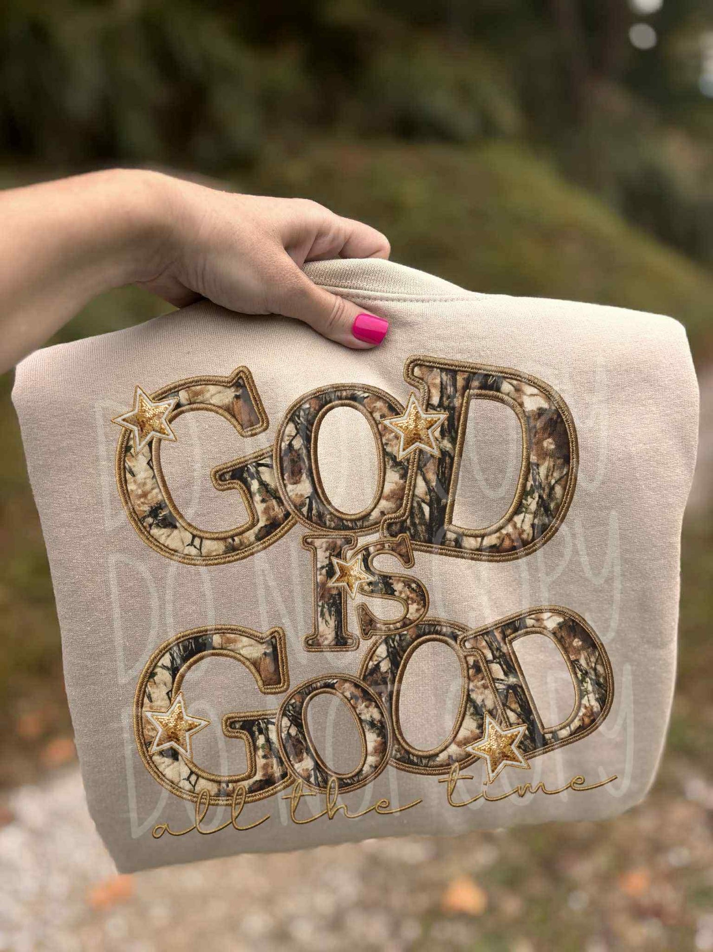God is Good All the Time Camo faux Embroidery Ready to Press Instant Peel DTF Transfers Sublimation Transfers
