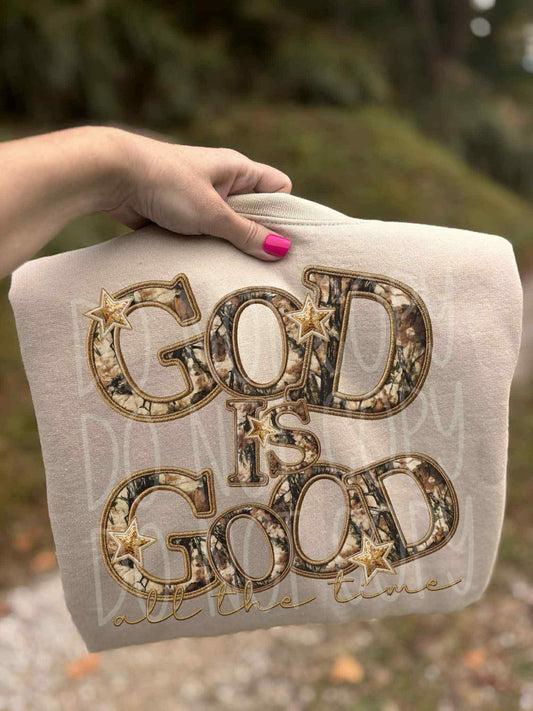 God is Good All the Time Camo faux Embroidery Ready to Press Instant Peel DTF Transfers Sublimation Transfers