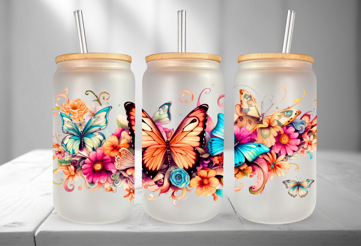 Butterflies UV Transfer 16oz Libby Glass Can Wrap Ready to Apply