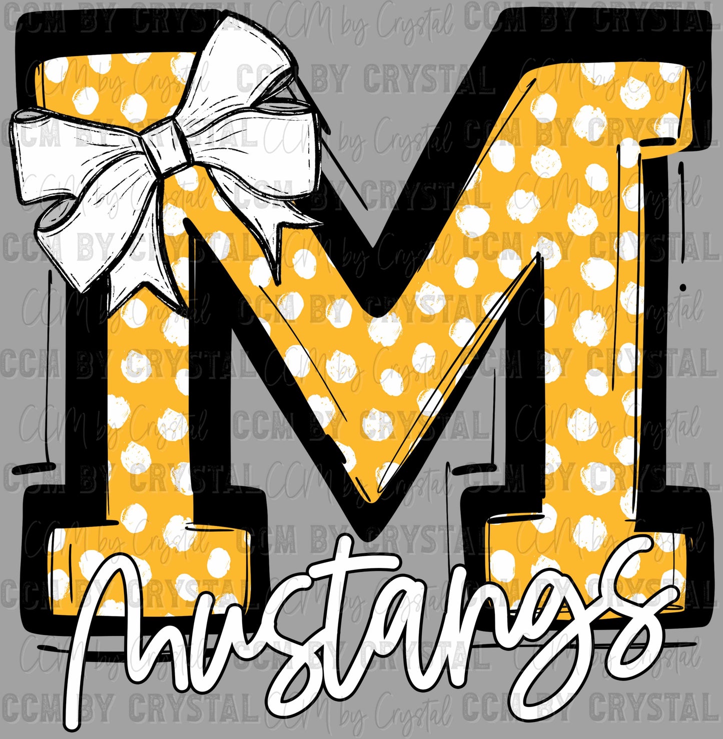 Mustang Bow Ribbon Dots Yellow Sports Mascot Ready to Press Transfer DTF Transfer Sublimation Transfer