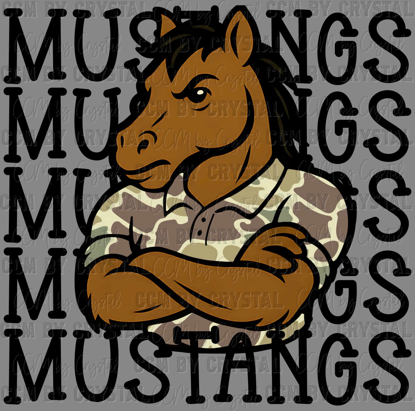 Mustangs Camo Stacked Sports Mascot Ready to Press Transfer DTF Transfer Sublimation Transfer