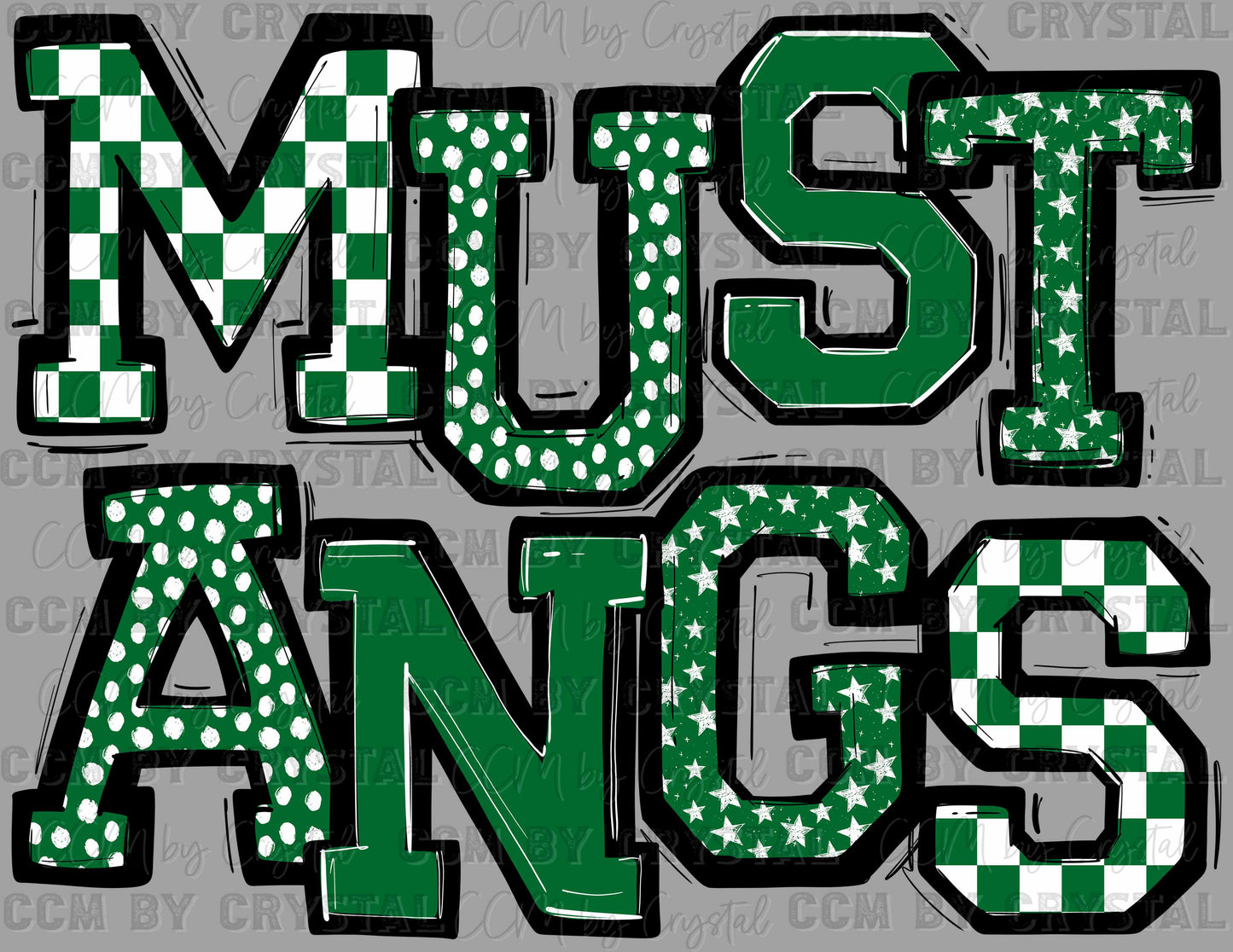 Mustang Stars Checkered Dots Green Sports Mascot Ready to Press Transfer DTF Transfer Sublimation Transfer