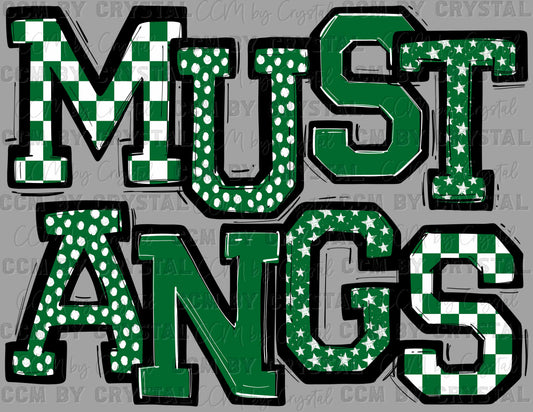 Mustang Stars Checkered Dots Green Sports Mascot Ready to Press Transfer DTF Transfer Sublimation Transfer