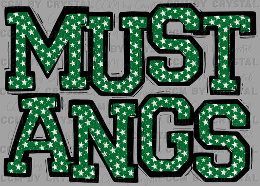 Mustang Stars Green Sports Mascot Ready to Press Transfer DTF Transfer Sublimation Transfer