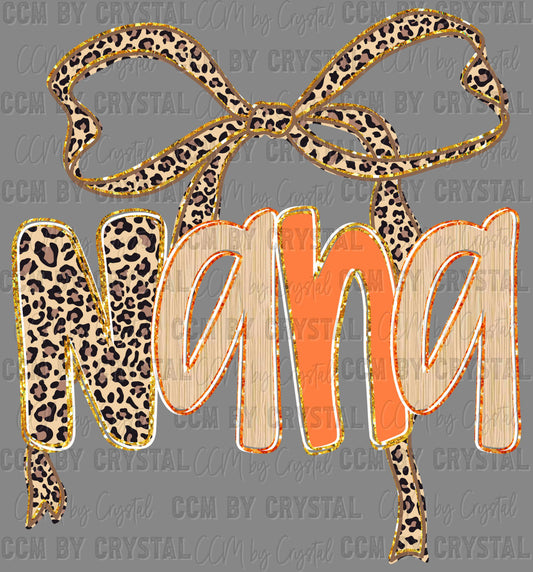 Nana Bow Leopard Faux Glitter Ready to Press Transfer DTF Transfer Sublimation Transfer