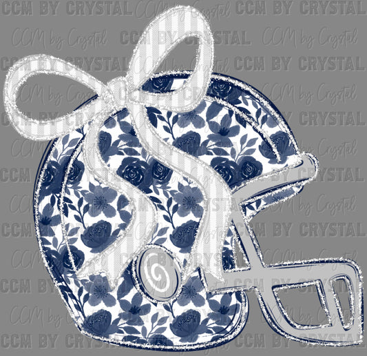 Helmet Football Floral Navy Bow Faux Glitter Sports Mascot Ready to Press Transfer DTF Transfer Sublimation Transfer