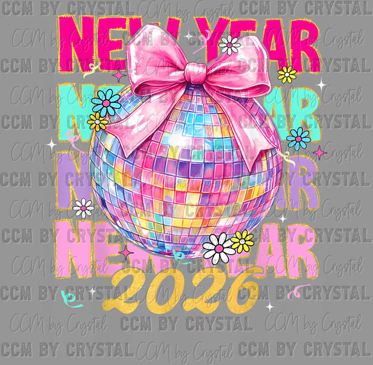 New Year 2026 Stacked Disco Ball Bow Flowers Faux Glitter Ready to Press Transfer DTF Transfer Sublimation Transfer