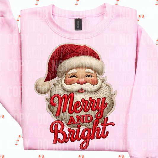 Merry and Bright Christmas Santa Faux Fake Yarn and Embroidery Ready to Press Transfer DTF Transfer Sublimation Transfer