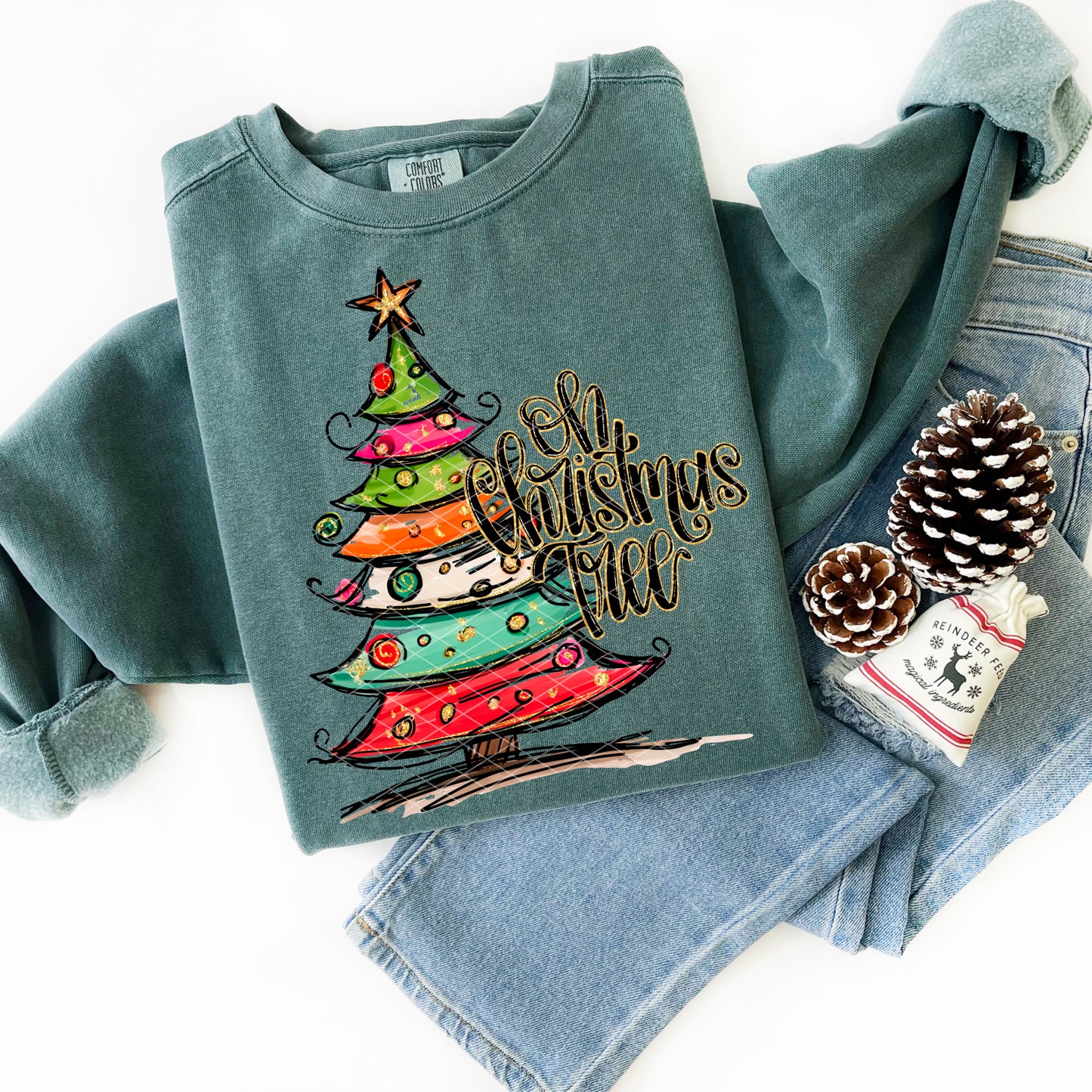 Oh Christmas Tree Faux Fake Glitter Ready to Press Transfer Instant Peel DTF Transfer Sublimation Transfer