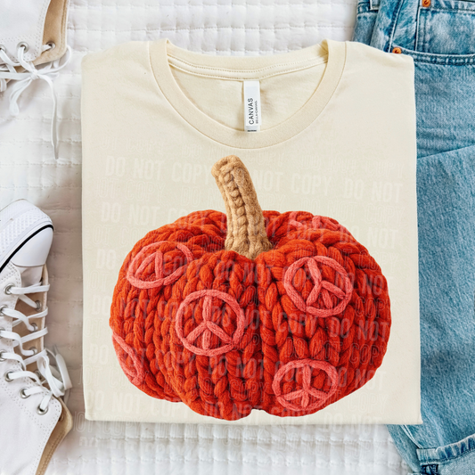 Peace Pumpkin Fall Faux Fake Yarn Ready to Press Transfer DTF Transfer Sublimation Transfer