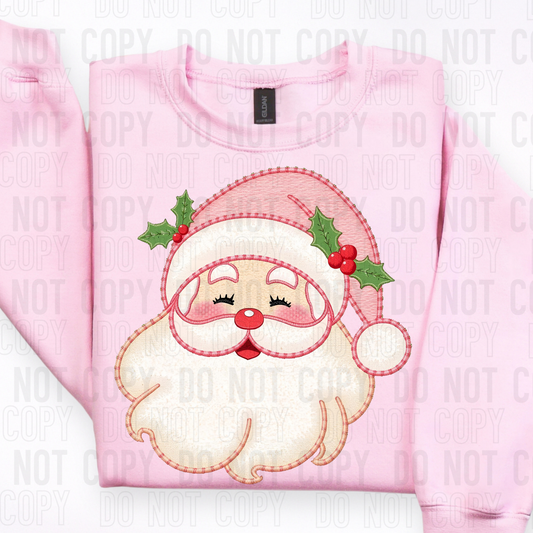 Santa Pink Mistletoe Christmas Faux Fake Embroidery Ready to Press Transfer DTF Transfer Sublimation Transfer