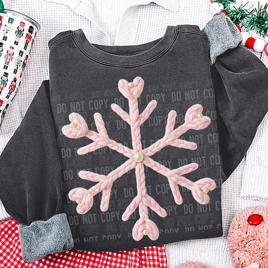 Snowflake Pink Christmas Faux Fake Yarn and Sequin Ready to Press Transfer DTF Transfer Sublimation Transfer