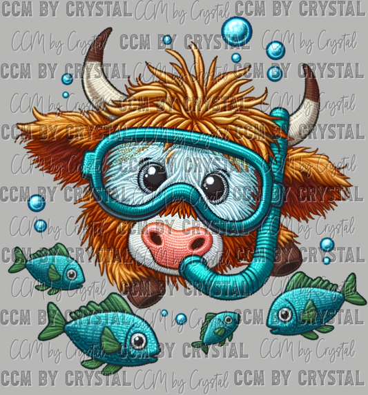 Summertime Highland Cow Snorkeling Ready to Press Transfer