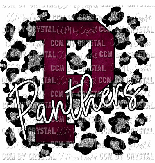 P Panther Maroon on Silver Leopard Print Ready To Press Transfer