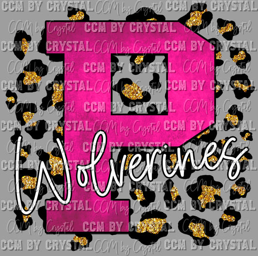 P Wolverines Pink with Gold Leopard Background Mascot Ready to Press Transfer