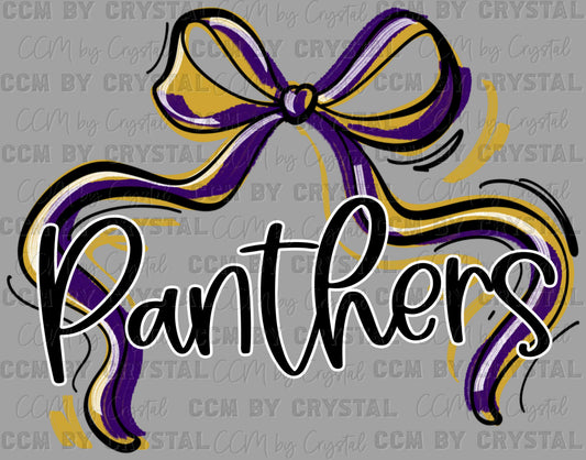 Panthers Purple and Yellow Bow Ribbon Sports Mascot Ready to Press Transfer DTF Transfer Sublimation Transfer
