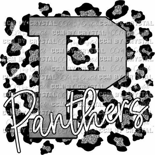 P Panthers Grey with Silver Glitter Leopard background Mascot Ready to Press Transfer