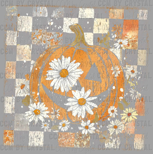 Pumpkin Fall Flowers Checkered Ready to Press Transfer DTF Transfer Sublimation Transfer