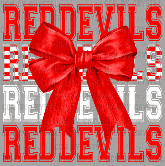 Red Devils Stacked Red Bow Mascot Ready to Press Transfer DTF Transfer