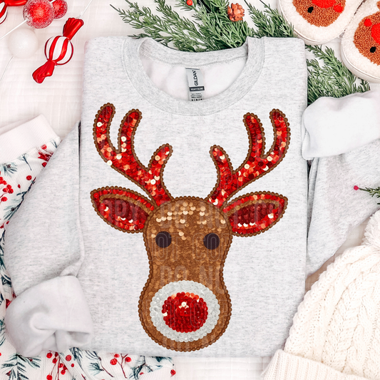 Reindeer Face Rudolph Christmas Faux Fake Sequin Ready to Press Transfer DTF Transfer Sublimation Transfer