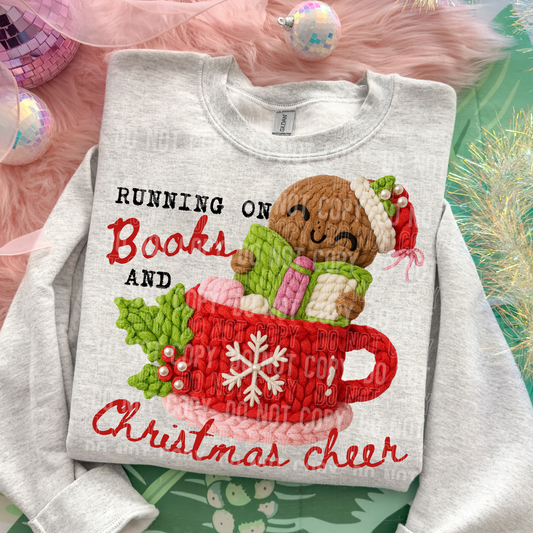 Running on Books and Christmas Cheer Gingerbread Man Faux Fake Yarn and Sequin Ready to Press Transfer DTF Transfer Sublimation Transfer