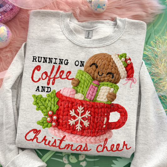 Running on Coffee and Christmas Cheer Gingerbread Man Faux Fake Yarn and Sequin Ready to Press Transfer DTF Transfer Sublimation Transfer