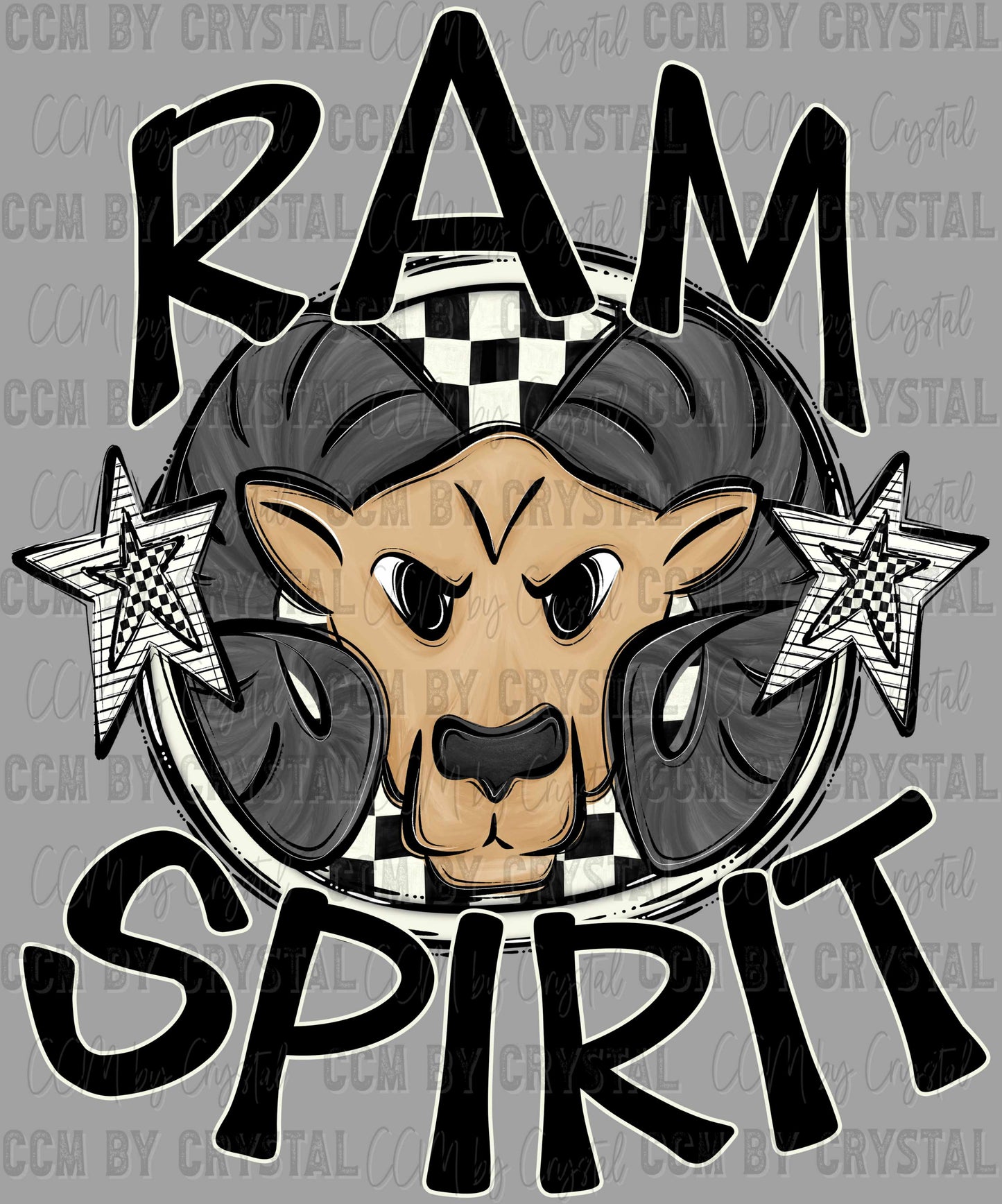 Ram Spirit Checkered Stars Sports Mascot Ready to Press Transfer DTF Transfer Sublimation Transfer