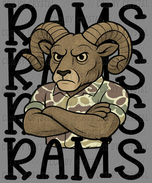 Rams Camo Stacked Sports Mascot Ready to Press Transfer DTF Transfer Sublimation Transfer