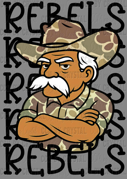 Rebels Camo Stacked Sports Mascot Ready to Press Transfer DTF Transfer Sublimation Transfer