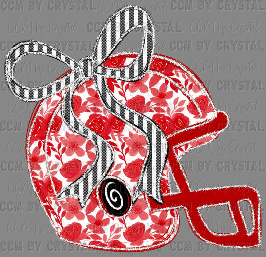 Helmet Football Floral Red Bow Faux Glitter Sports Mascot Ready to Press Transfer DTF Transfer Sublimation Transfer