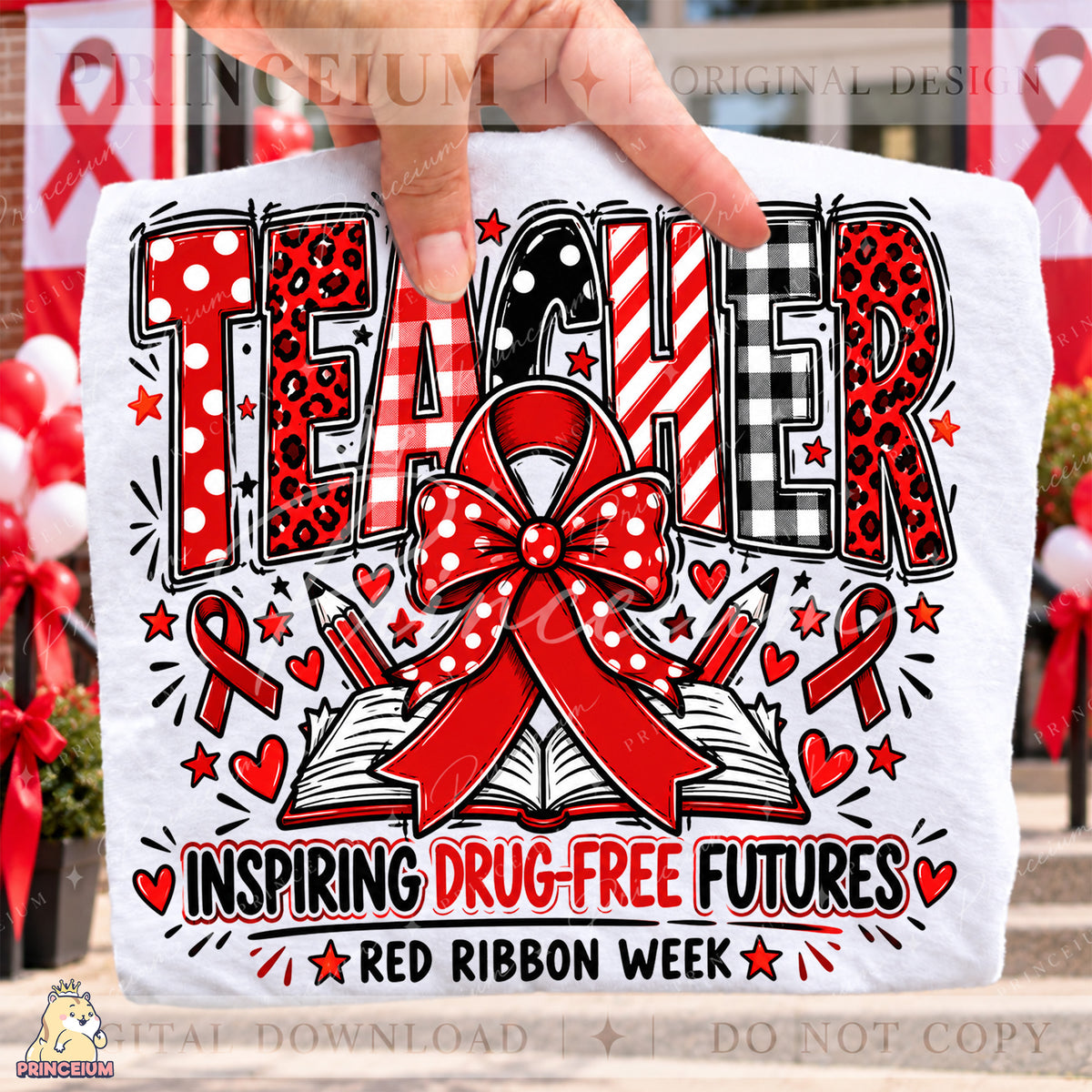 Teacher Red Ribbon Week Bow Ready to Press Transfer DTF Transfer Sublimation Transfer