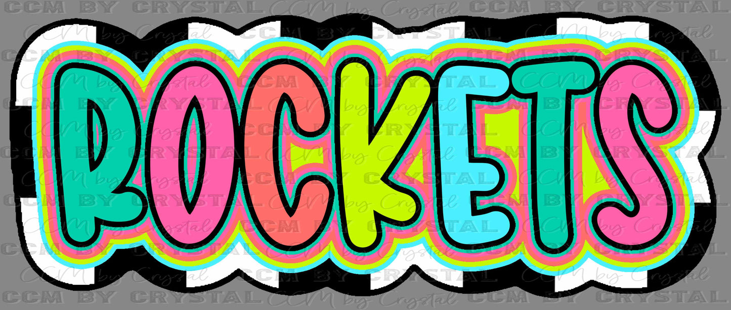 Rockets Colorful Checkered Sports Mascot Ready to Press Transfer DTF Transfer Sublimation Transfer