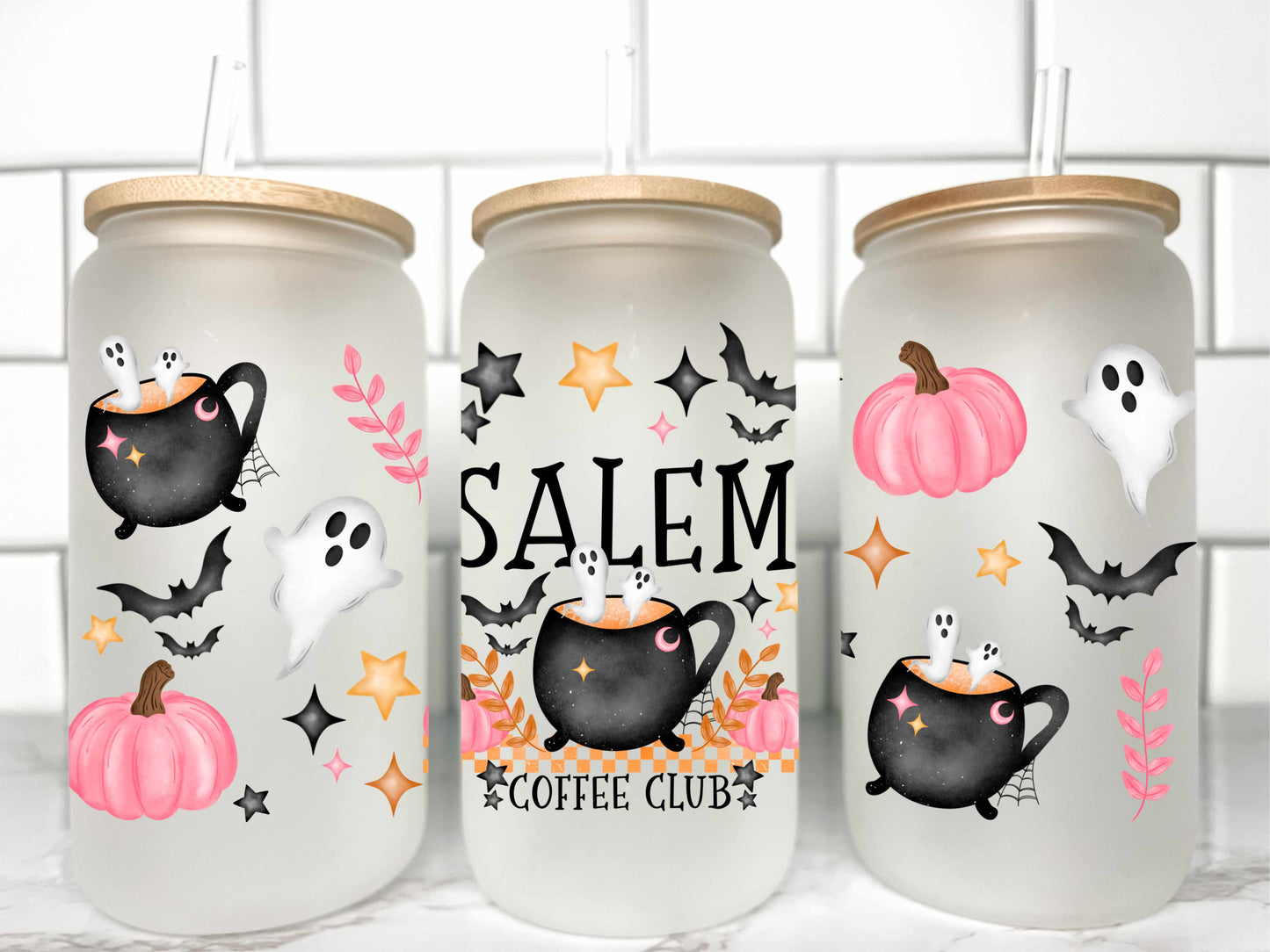 Salem Coffee Club Halloween UV Transfer 16oz Libby Glass Can Wrap Ready to Apply