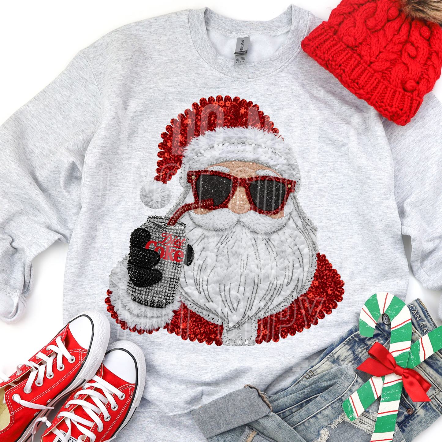 Christmas Santa Soda Faux Fake Sequins Faux Yarn Ready to Press Transfer Instant Peel DTF Transfer Sublimation Transfer