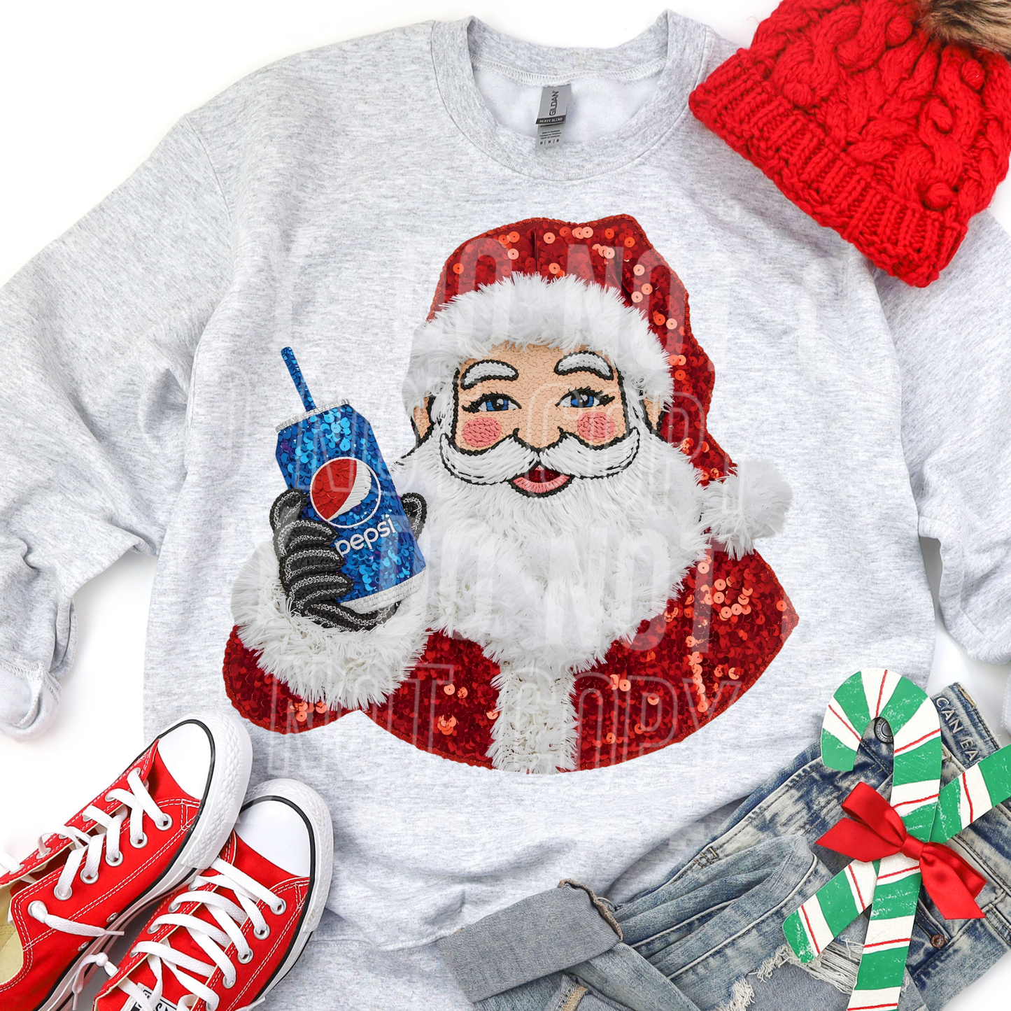 Christmas Santa Soda Faux Fake Sequins Faux Yarn Ready to Press Transfer Instant Peel DTF Transfer Sublimation Transfer