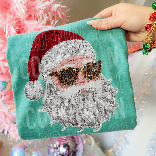 Santa With Sunglasses Christmas Faux Fake Yarn and Sequin Ready to Press Transfer DTF Transfer Sublimation Transfer