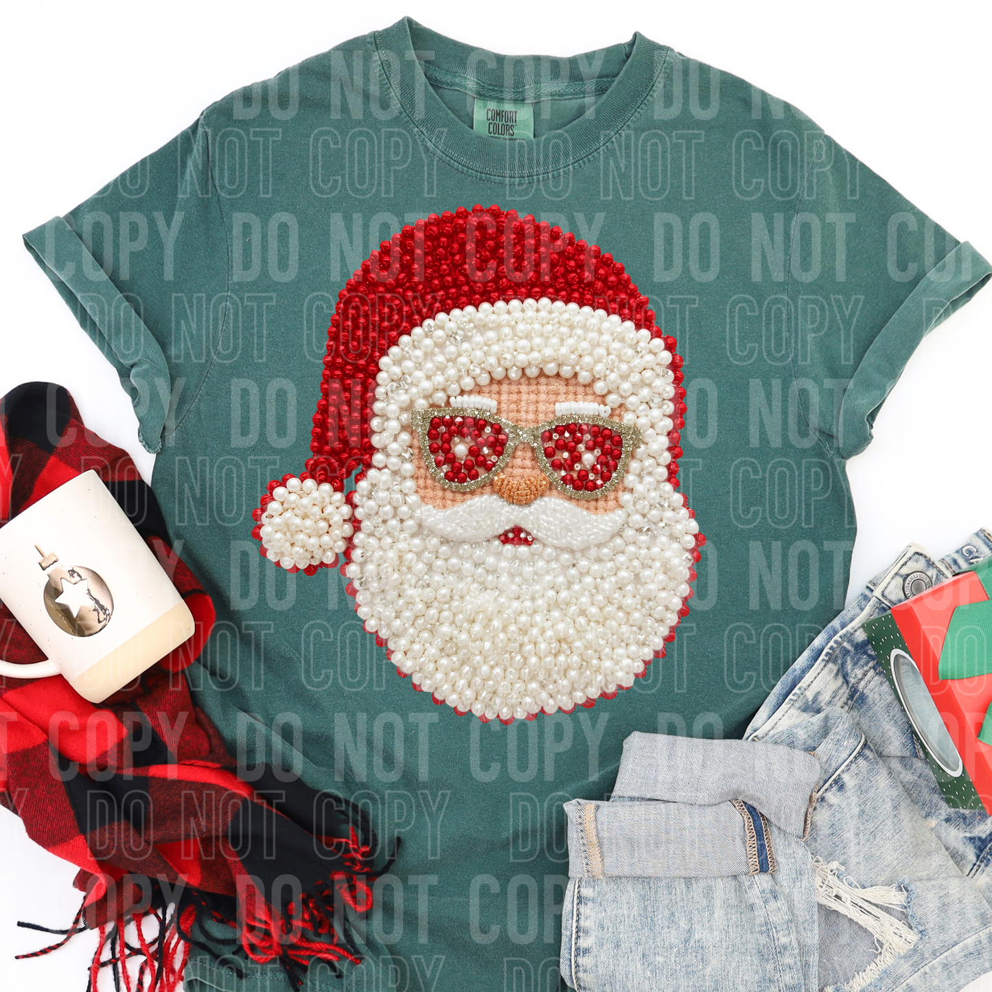 Santa With Sunglasses Christmas Faux Fake Yarn and Pearls Ready to Press Transfer DTF Transfer Sublimation Transfer