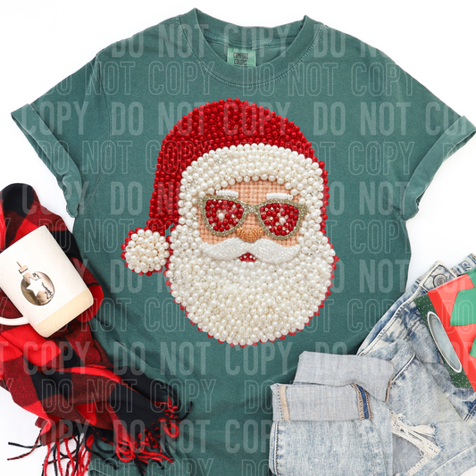 Santa With Sunglasses Christmas Faux Fake Yarn and Pearls Ready to Press Transfer DTF Transfer Sublimation Transfer