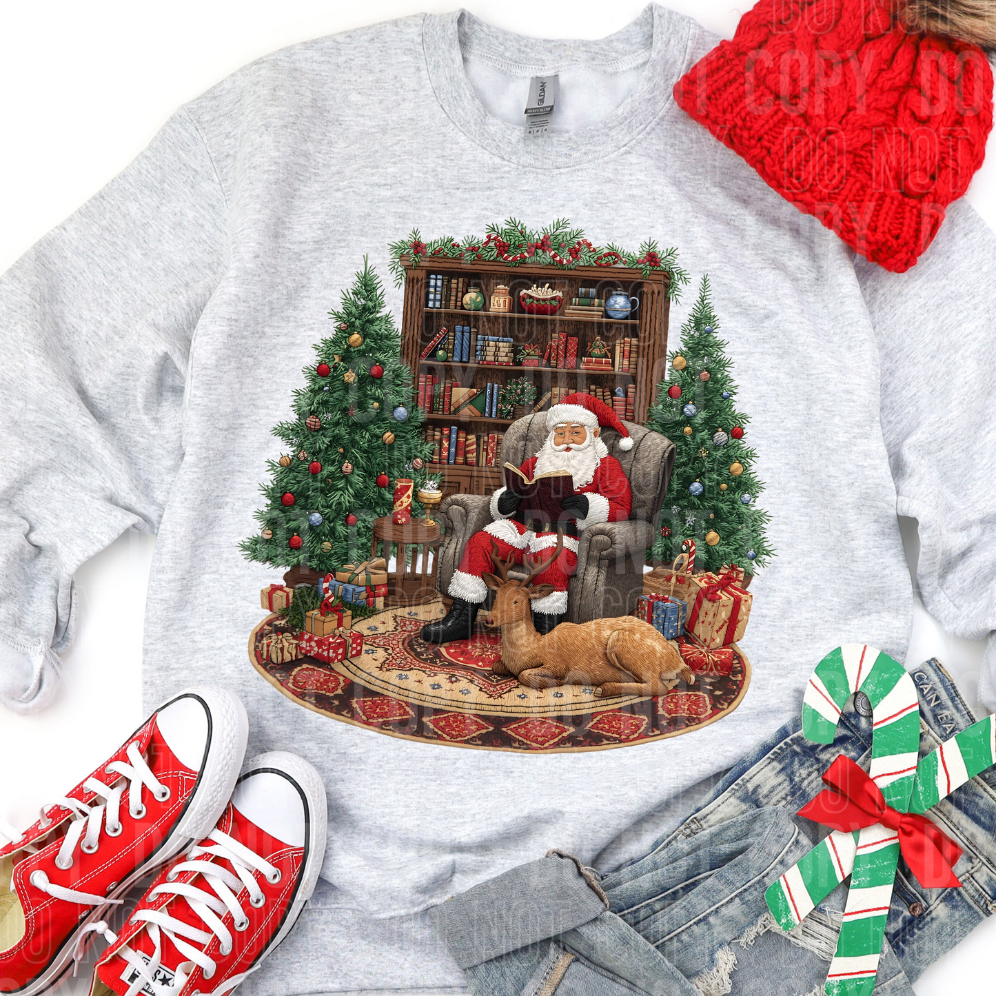 Santa Reindeer Christmas Trees Cozy Reading Ready to Press Transfer DTF Transfer Sublimation Transfer