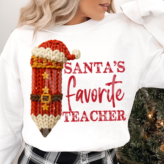 Santa's Favorite Teacher Christmas Pencil Faux Fake Yarn Ready to Press Transfer DTF Transfer Sublimation Transfer