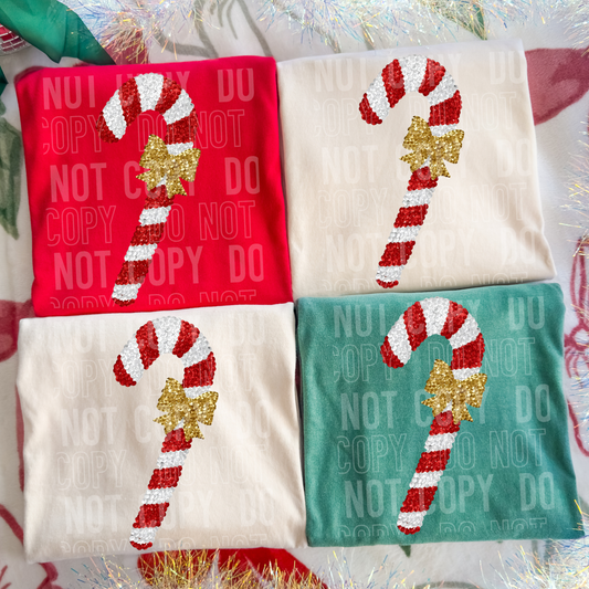 Candy Cane Christmas Fake Faux Sequin Ready to Press Transfer DTF Transfer