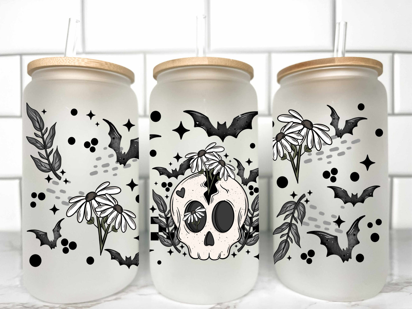 Floral Skull and Bats Halloween UV Transfer 16oz Libby Glass Can Wrap Ready to Apply