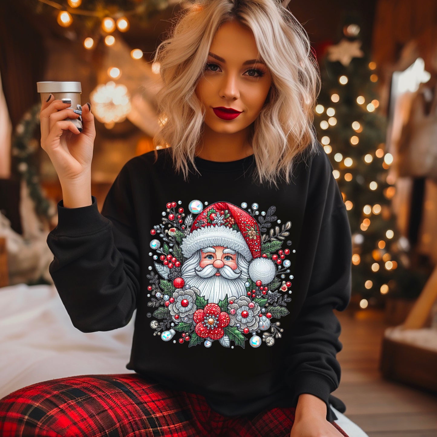 Santa Floral Christmas Faux Rhinestone Effect Ready to Press Transfer DTF Transfer Sublimation Transfer