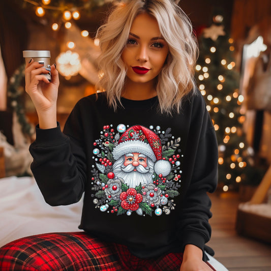 Santa Floral Christmas Faux Rhinestone Effect Ready to Press Transfer DTF Transfer Sublimation Transfer