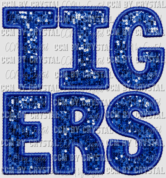 Tigers Blue Faux Sequins Faux Embroidery Mascot Ready to Press Transfer